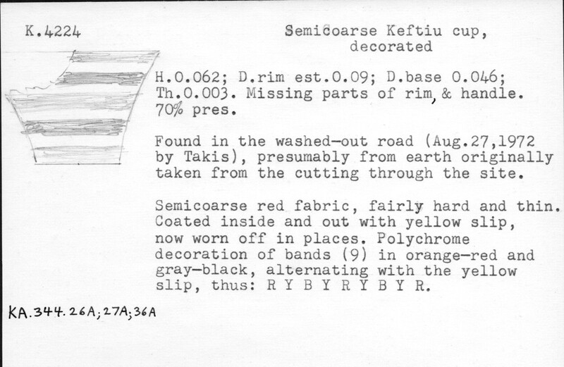 Index card with typed and handwritten information, sometimes including a sketch, of pottery from an excavation.