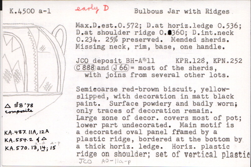 Index card with typed and handwritten information, sometimes including a sketch, of pottery from an excavation.