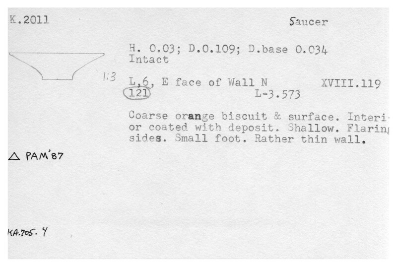Index card with typed and handwritten information, sometimes including a sketch, of pottery from an excavation.