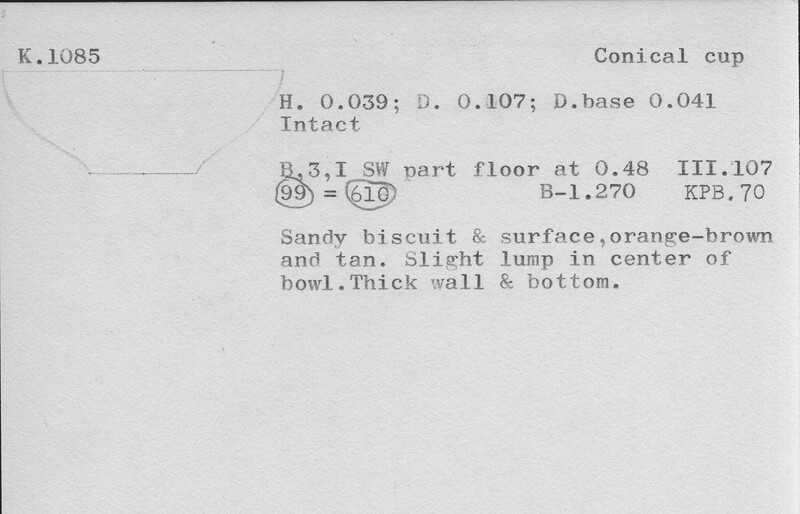 Index card with typed and handwritten information, sometimes including a sketch, of pottery from an excavation.