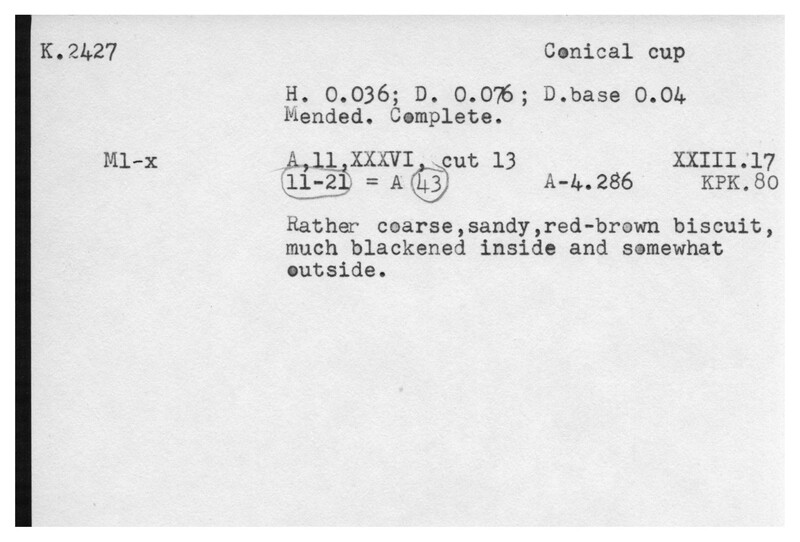 Index card with typed and handwritten information, sometimes including a sketch, of pottery from an excavation.