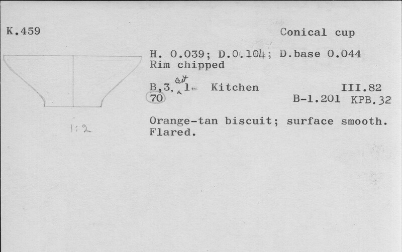 Index card with typed and handwritten information, sometimes including a sketch, of pottery from an excavation.