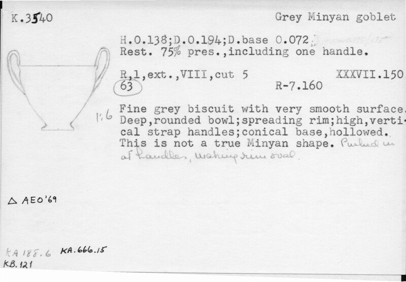 Index card with typed and handwritten information, sometimes including a sketch, of pottery from an excavation.