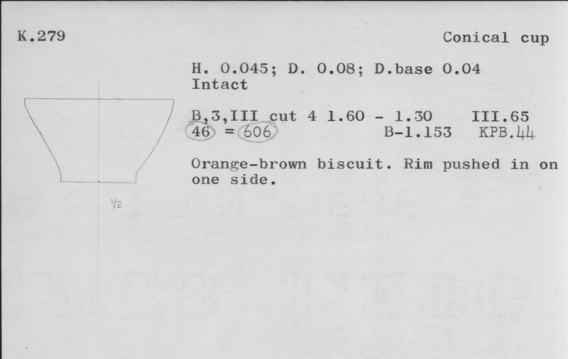 Index card with typed and handwritten information, sometimes including a sketch, of pottery from an excavation.
