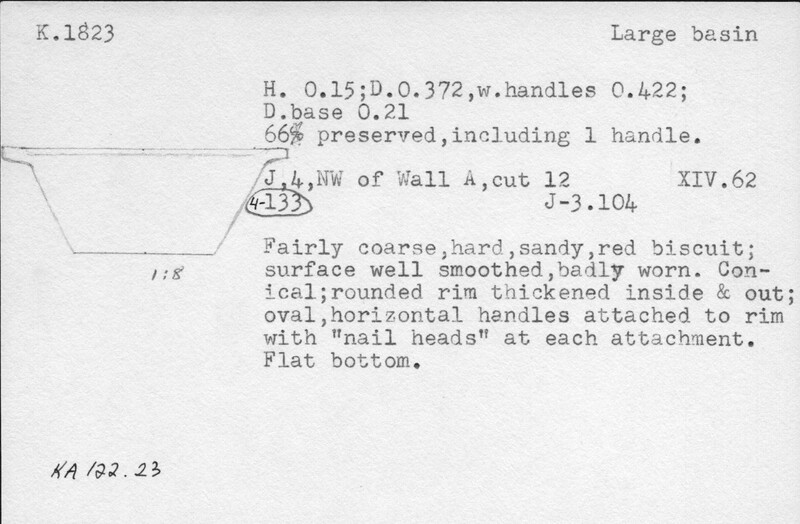 Index card with typed and handwritten information, sometimes including a sketch, of pottery from an excavation.