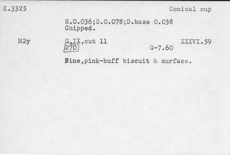 Index card with typed and handwritten information, sometimes including a sketch, of pottery from an excavation.