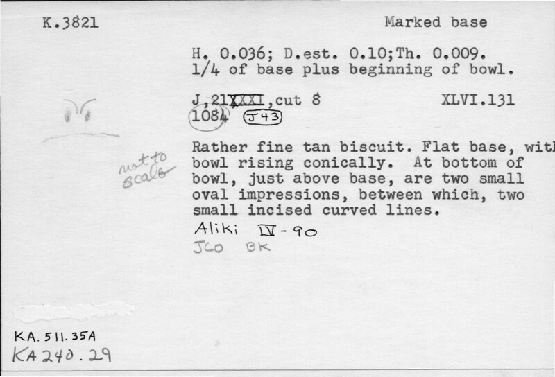 Index card with typed and handwritten information, sometimes including a sketch, of pottery from an excavation.