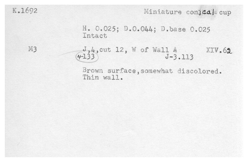 Index card with typed and handwritten information, sometimes including a sketch, of pottery from an excavation.