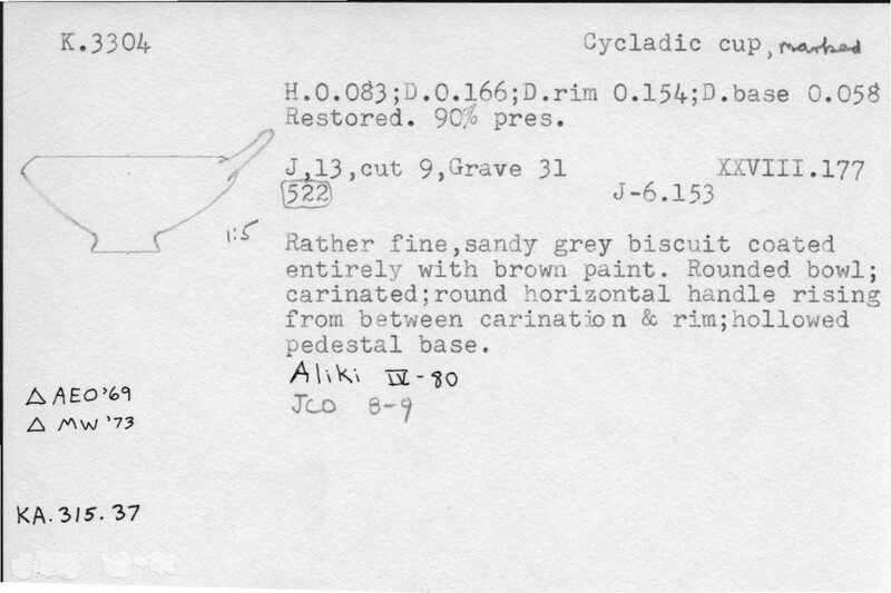Index card with typed and handwritten information, sometimes including a sketch, of pottery from an excavation.