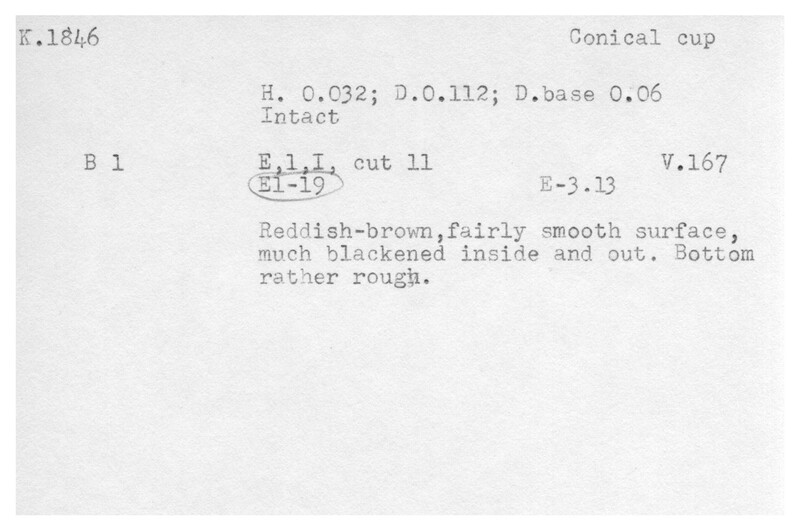 Index card with typed and handwritten information, sometimes including a sketch, of pottery from an excavation.