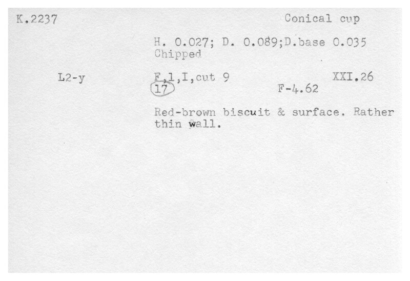 Index card with typed and handwritten information, sometimes including a sketch, of pottery from an excavation.