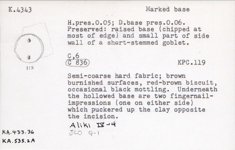 Index card with typed and handwritten information, sometimes including a sketch, of pottery from an excavation.