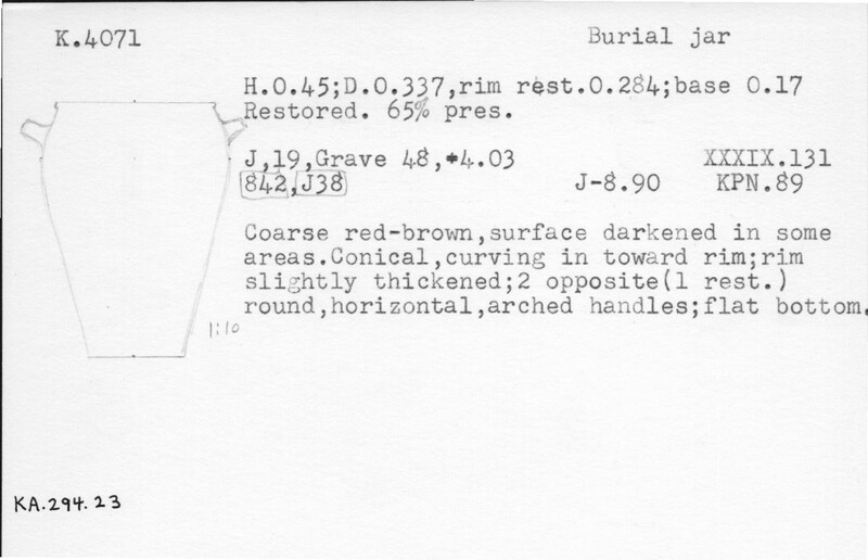Index card with typed and handwritten information, sometimes including a sketch, of pottery from an excavation.