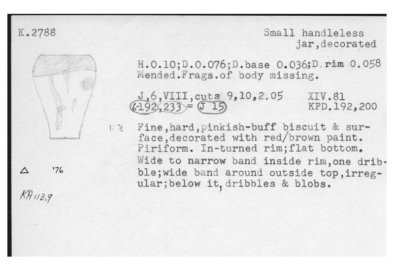 Index card with typed and handwritten information, sometimes including a sketch, of pottery from an excavation.
