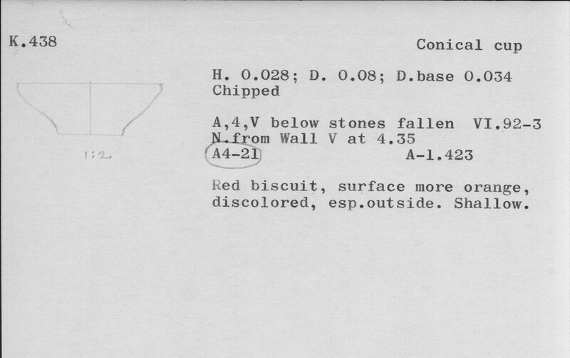 Index card with typed and handwritten information, sometimes including a sketch, of pottery from an excavation.