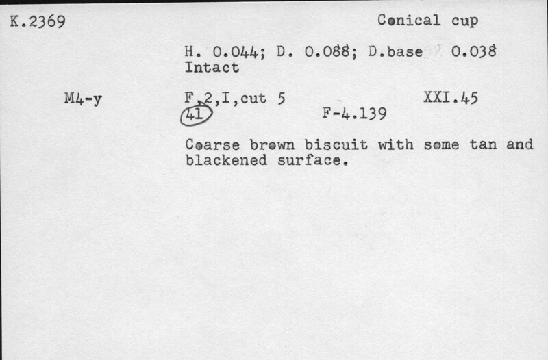 Index card with typed and handwritten information, sometimes including a sketch, of pottery from an excavation.