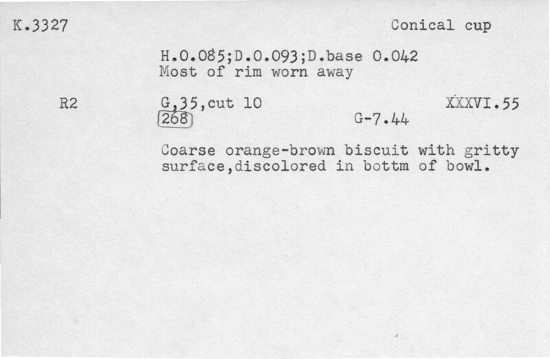 Index card with typed and handwritten information, sometimes including a sketch, of pottery from an excavation.