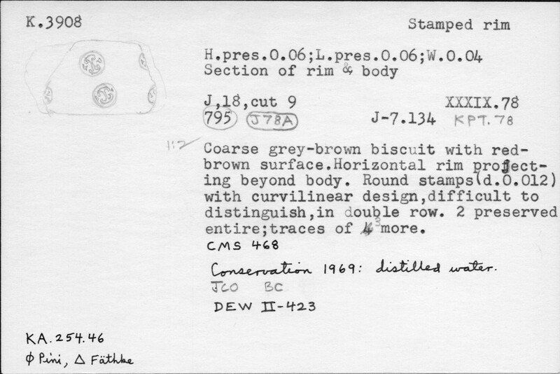 Index card with typed and handwritten information, sometimes including a sketch, of pottery from an excavation.