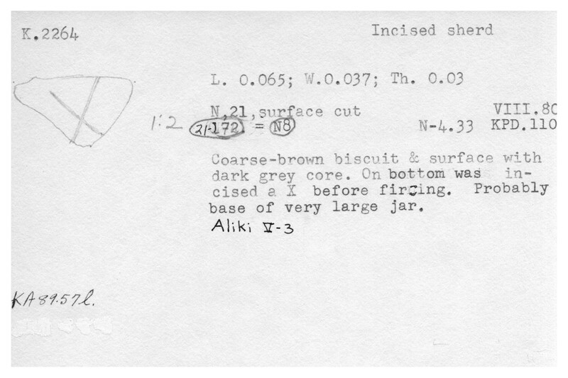 Index card with typed and handwritten information, sometimes including a sketch, of pottery from an excavation.
