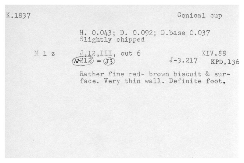 Index card with typed and handwritten information, sometimes including a sketch, of pottery from an excavation.