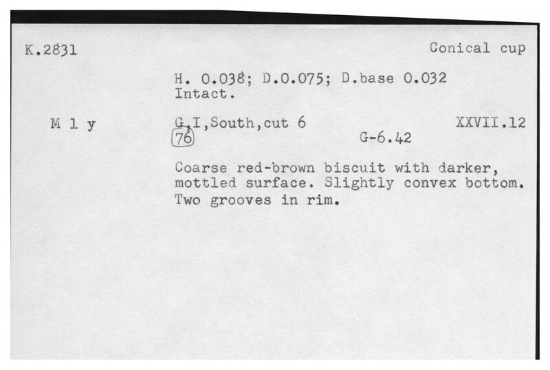 Index card with typed and handwritten information, sometimes including a sketch, of pottery from an excavation.