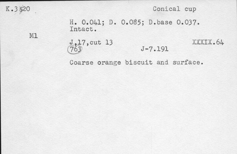 Index card with typed and handwritten information, sometimes including a sketch, of pottery from an excavation.