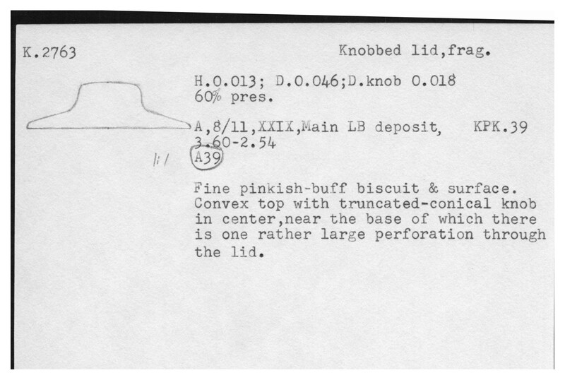 Index card with typed and handwritten information, sometimes including a sketch, of pottery from an excavation.