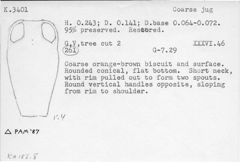 Index card with typed and handwritten information, sometimes including a sketch, of pottery from an excavation.
