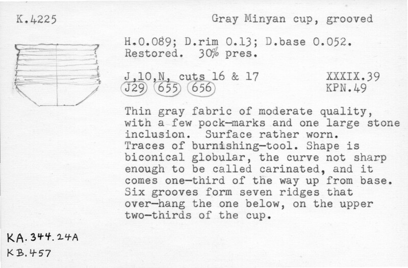 Index card with typed and handwritten information, sometimes including a sketch, of pottery from an excavation.