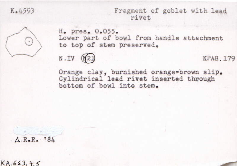 Index card with typed and handwritten information, sometimes including a sketch, of pottery from an excavation.