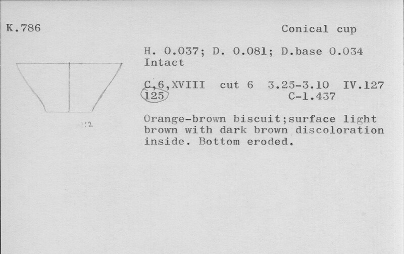 Index card with typed and handwritten information, sometimes including a sketch, of pottery from an excavation.