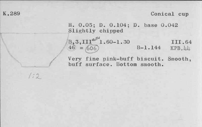 Index card with typed and handwritten information, sometimes including a sketch, of pottery from an excavation.