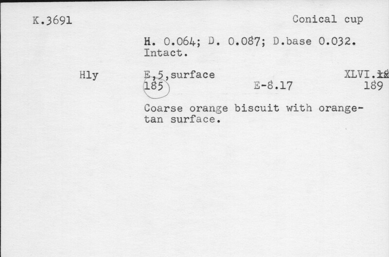 Index card with typed and handwritten information, sometimes including a sketch, of pottery from an excavation.