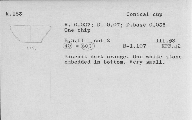 Index card with typed and handwritten information, sometimes including a sketch, of pottery from an excavation.