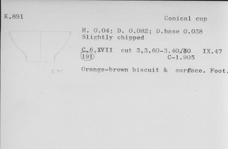 Index card with typed and handwritten information, sometimes including a sketch, of pottery from an excavation.