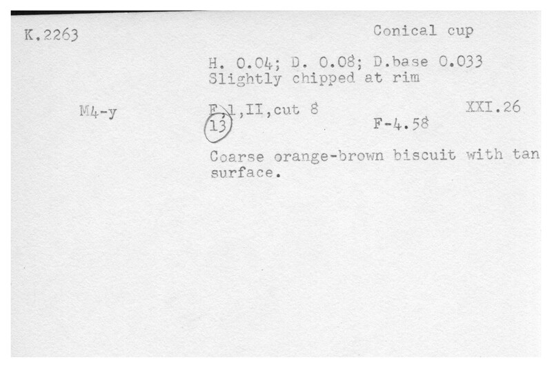 Index card with typed and handwritten information, sometimes including a sketch, of pottery from an excavation.