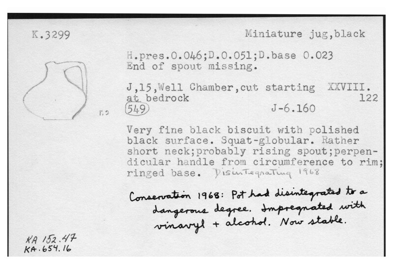 Index card with typed and handwritten information, sometimes including a sketch, of pottery from an excavation.