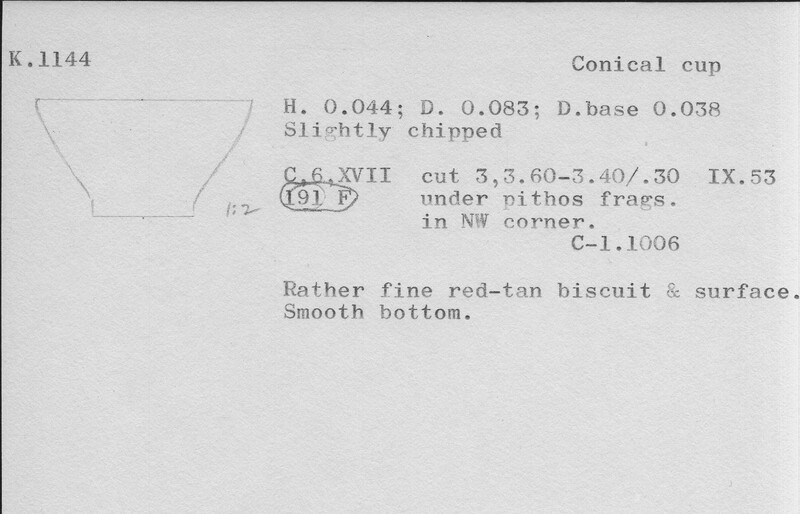Index card with typed and handwritten information, sometimes including a sketch, of pottery from an excavation.