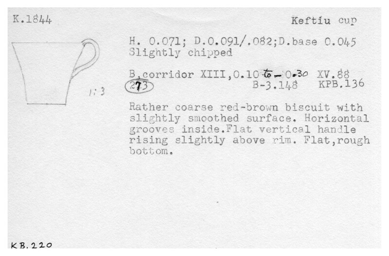 Index card with typed and handwritten information, sometimes including a sketch, of pottery from an excavation.