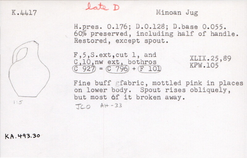 Index card with typed and handwritten information, sometimes including a sketch, of pottery from an excavation.