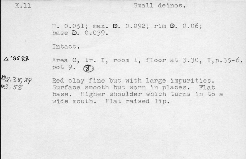 Index card with typed and handwritten information, sometimes including a sketch, of pottery from an excavation.