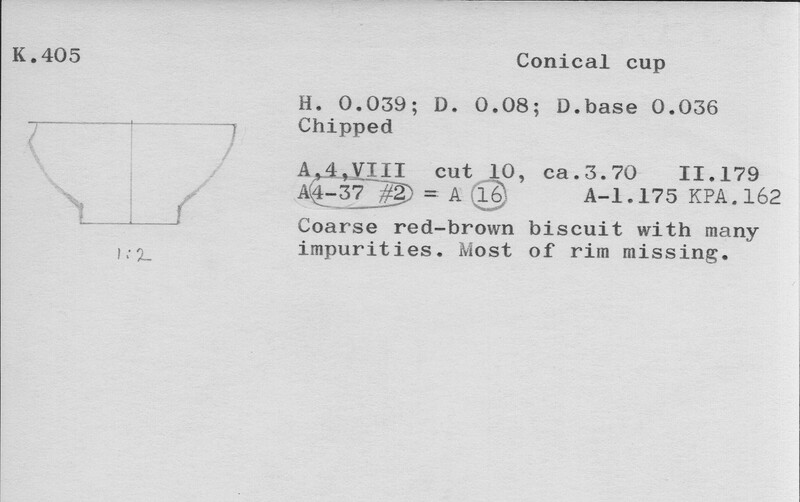 Index card with typed and handwritten information, sometimes including a sketch, of pottery from an excavation.