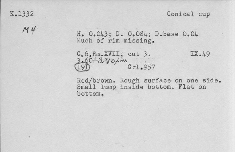 Index card with typed and handwritten information, sometimes including a sketch, of pottery from an excavation.