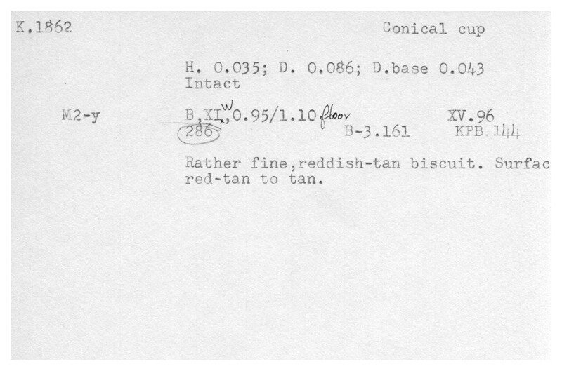 Index card with typed and handwritten information, sometimes including a sketch, of pottery from an excavation.