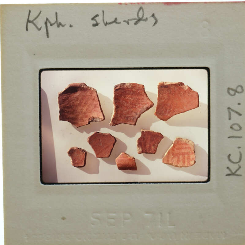 A collection of broken pottery pieces on a white surface.