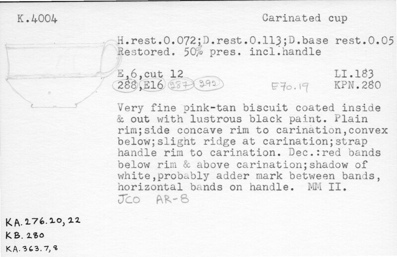 Index card with typed and handwritten information, sometimes including a sketch, of pottery from an excavation.