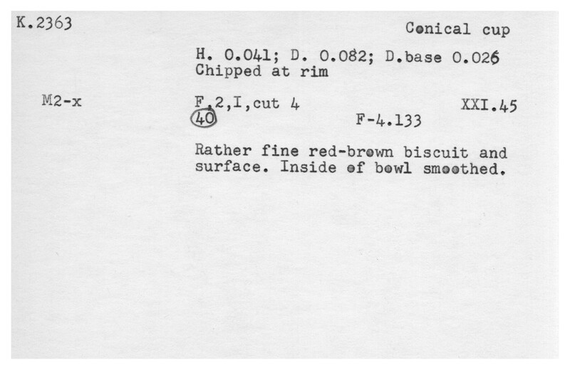 Index card with typed and handwritten information, sometimes including a sketch, of pottery from an excavation.
