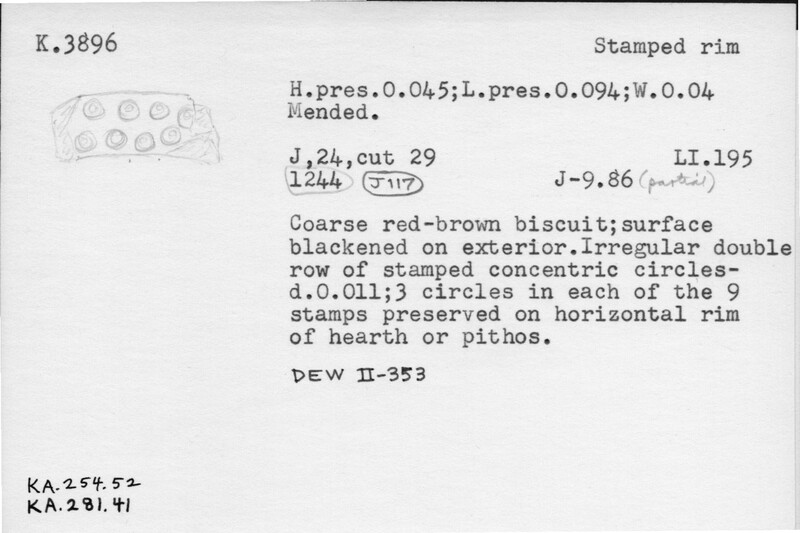 Index card with typed and handwritten information, sometimes including a sketch, of pottery from an excavation.