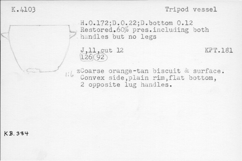 Index card with typed and handwritten information, sometimes including a sketch, of pottery from an excavation.