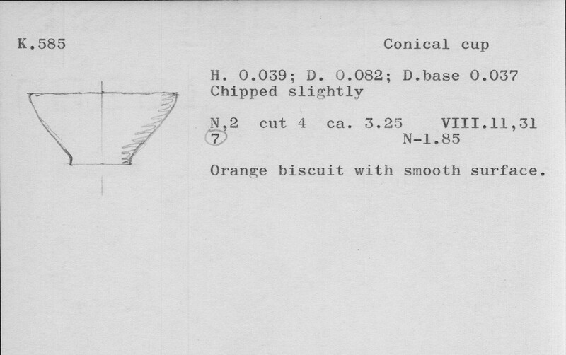 Index card with typed and handwritten information, sometimes including a sketch, of pottery from an excavation.